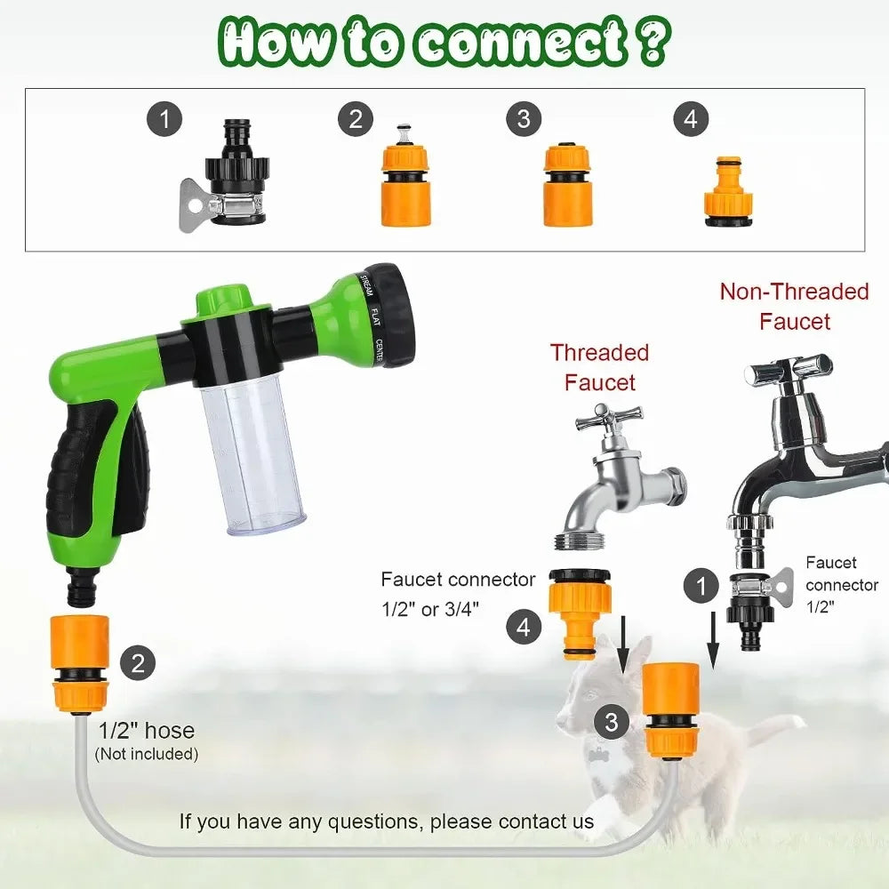Dog Shower Sprayer 8 in 1 Pet Bath Cleaning Dog Shower Gun High-Pressure Hose Nozzle Foam Garden Car Animal Dog Wash Tool